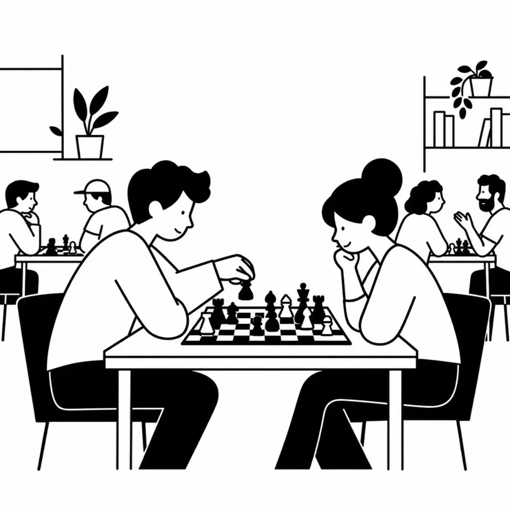 Dos personas jugando una partida de ajedrez en el club